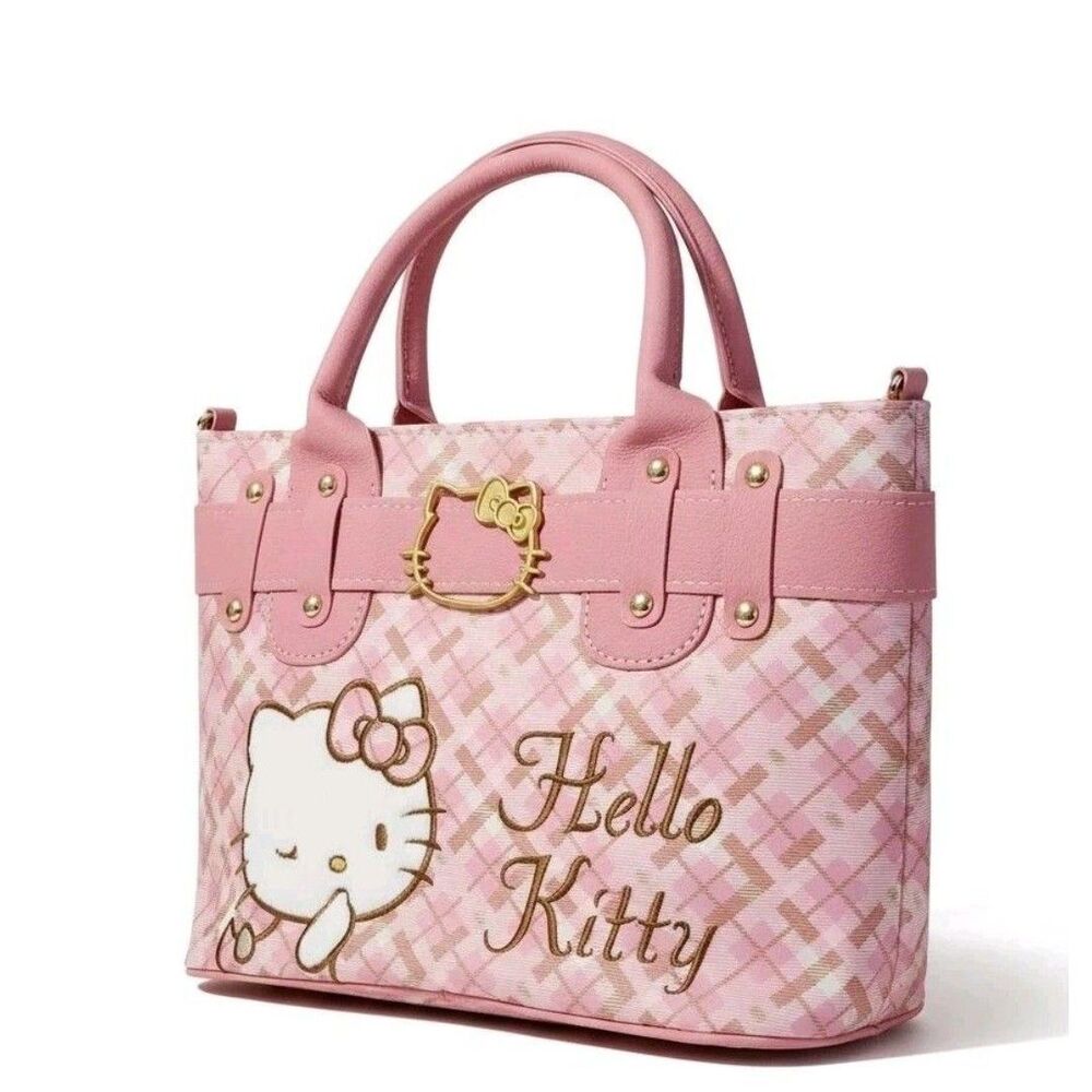 HELLO KITTY Embroidered Plaid Pink Women's  Crossbody Tote Bag  FAST SHIPPING!! - Picture 2 of 11